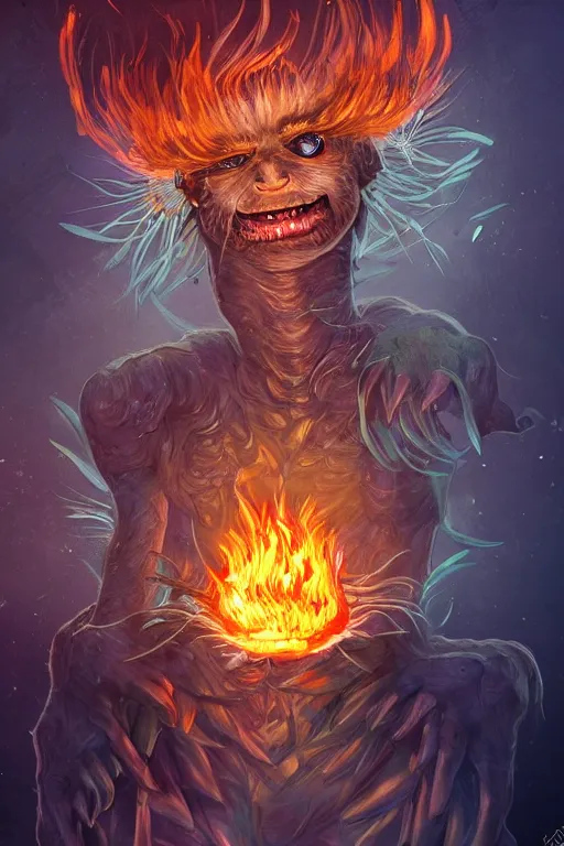 Image similar to a glowing humanoid figure dandelion monster with large glowing eyes, surrounded by fire, highly detailed, digital art, sharp focus, trending on art station, artichoke, anime art style