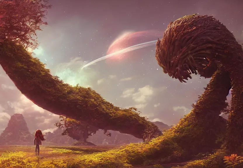 Prompt: Eastern Island statue walking on a alien planet with alien plants and a giant galaxy appearing in the sky, digital art, anime style, 8K HDR, octane render, unreal engine 5, path tracing, breathtaking landscape, cinematic lighting, trending on Artstation, high quality, highly detailed, trending on DeviantArt, concept art