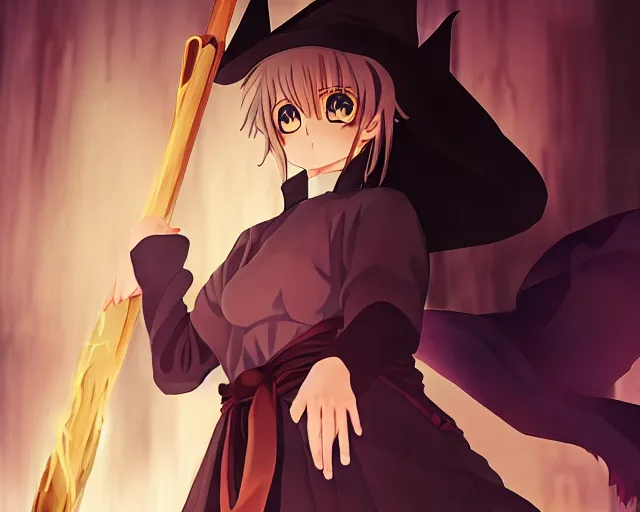 Image similar to key anime visual portrait of a young robed female witch holding a staff in a tavern interior, dynamic pose, dynamic perspective, cinematic, dramatic lighting, muted colors, fine detail, textured