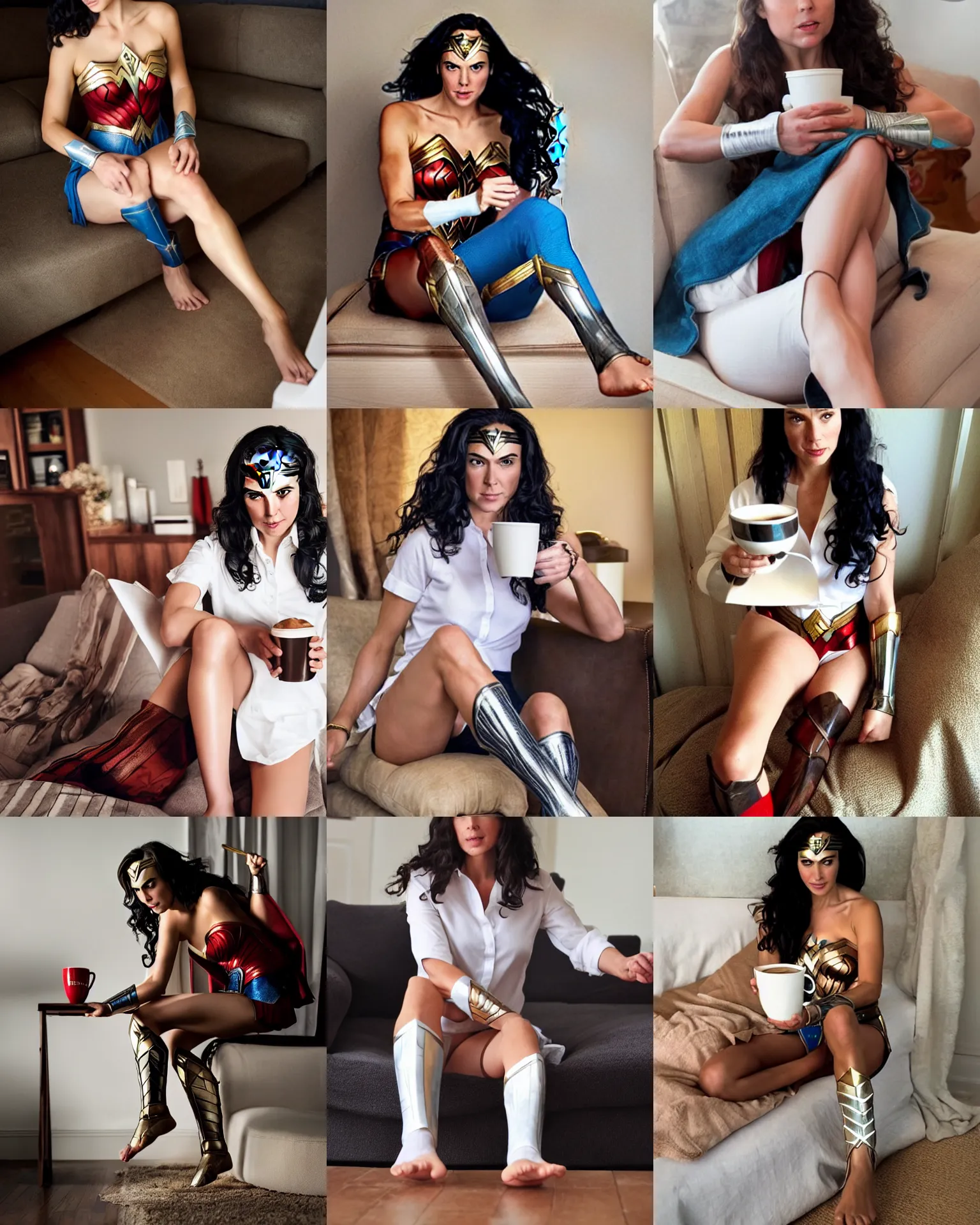 Prompt: wonder woman at home with coffee, white shirt, bare legs, bare feet