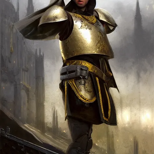 Image similar to Medium shot young idealistic and pious homely male Imperial soldier wearing a black tabard with light yellow accents over a brown gambeson and a {realistic steel helm!!!!!}, by Raymond Swanland Greg Rutkowski Lise Deharm, {perfect face}, {perfect eyes}, {uncertain look}, {on edge}