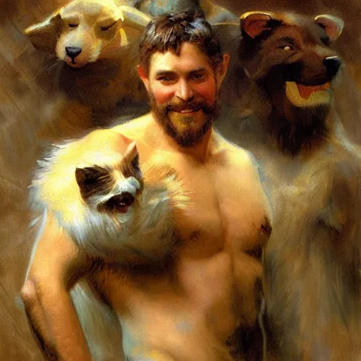 Image similar to a portrait of a very furry human with an animal's head in the pool, furry body, furry arms, furry legs, furry tail. highly detailed painting by gaston bussiere, craig mullins, j. c. leyendecker, furry