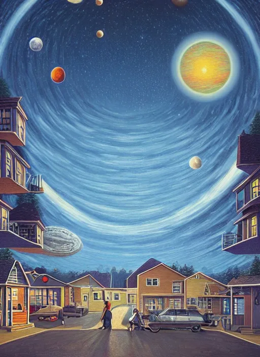 Image similar to a cozy pnw neighborhood. planets in the sky, vintage shapes, retro technology, happy colors. rob gonsalves, oil on canvas, deep depth field, masterpiece, cinematic composition, hyperdetailed