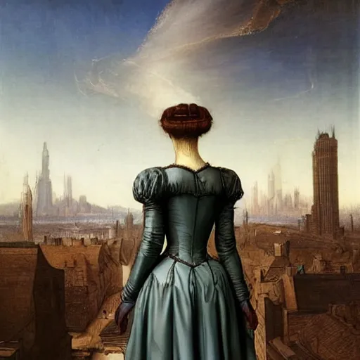 Prompt: portrait of a victorian lady in a futuristic city, from behind, streets, beautiful, sci-fi, open sky, tall buildings, highly detailed, digital painting by Leonardo Da Vinci