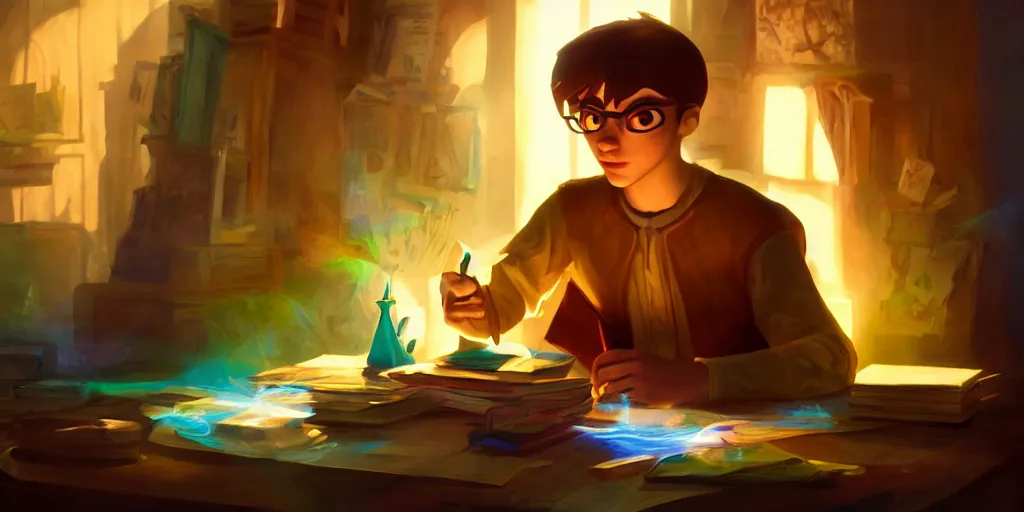 Image similar to a young male mage they are in a alchemy workshop working at there desk. colorful, light rays, medium shot, waist up, sharp, bloom, dramatic lighting, by pixar, dreamworks and marvel