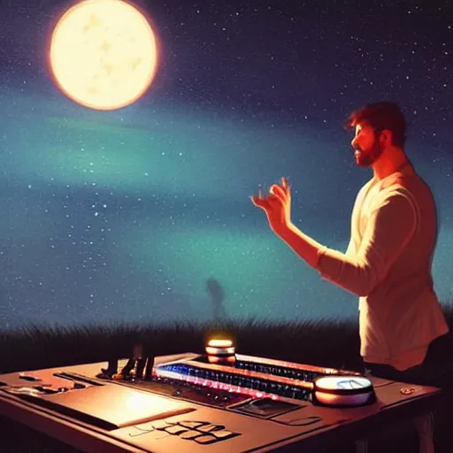 Image similar to A man djing at night under the stars, beautiful, digital art, artstation, hyperrealistic, 4k, unreal engine, octane render, trending on artstation, art by Artgerm and Greg Rutkowski and Alphonse Mucha