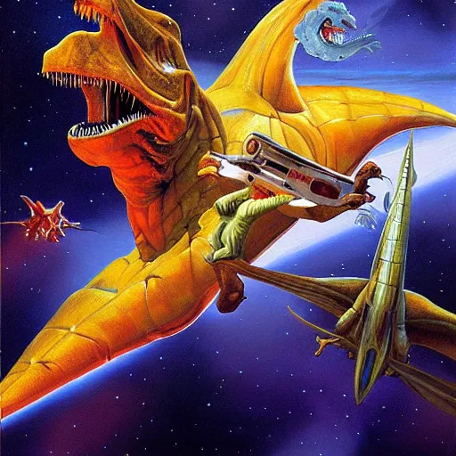 Image similar to dinosaur riding a spaceship painting by boris vallejo & julie bell