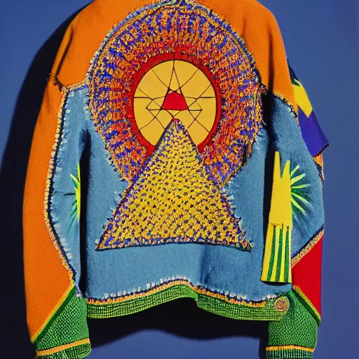 Prompt: 1 9 9 8 brazilian nordeste jacket designed by arthur bispo do rosario, jules bastien - lepage, tarsila do amaral, frank weston and gustave baumann, major arcana, clothing photography, f - 9 1 / 1 2 5, brutalism, sharp focus, colorful refracted sparkles, star lines, soft light, 8 k