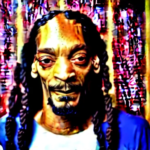 Image similar to Snoop Dog with big eyes eye color red , smiling and holding a joint in his hand