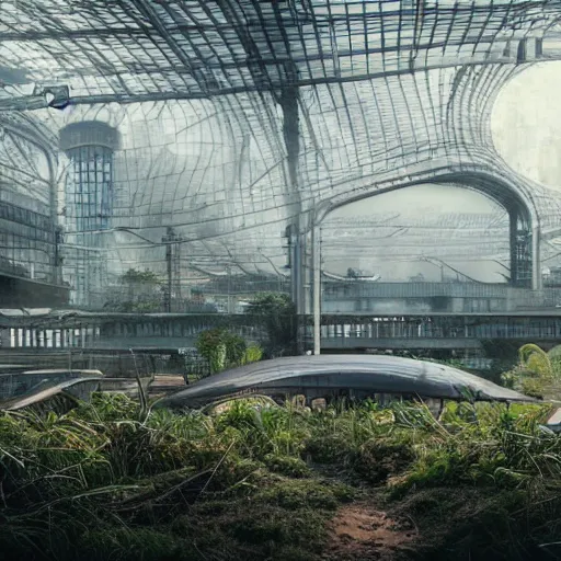 Image similar to lost beautiful overgrown city futuristic fantasy mixed with polluted industrial city airport and train station