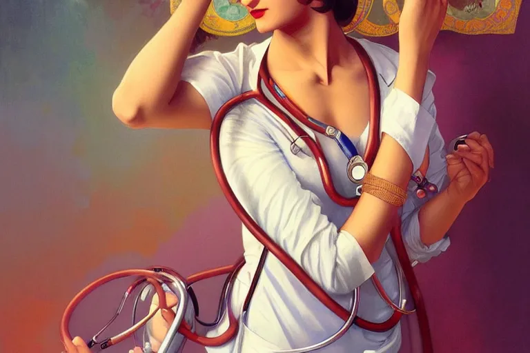 Image similar to sensual pale beautiful indian doctor in jeans with stethoscope, art deco portrait, elegant, intricate, digital painting, artstation, concept art, smooth, sharp focus, illustration, art by artgerm and greg rutkowski and alphonse mucha