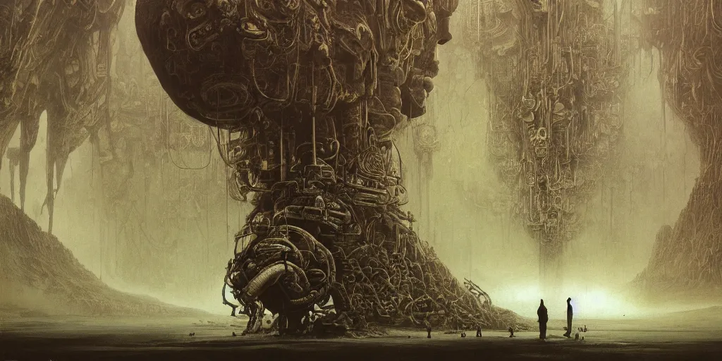 Prompt: the depths of a vast artificial world with massive towering pillars holding the ceiling of the landscape up, detailed, brass coloration, energetic beings patrolling, extreme depth, alan bean, beksinski, zdzisław and peder balke collaboration, godrays, colossal hovering machine automations of brutalist design visible in the foreground