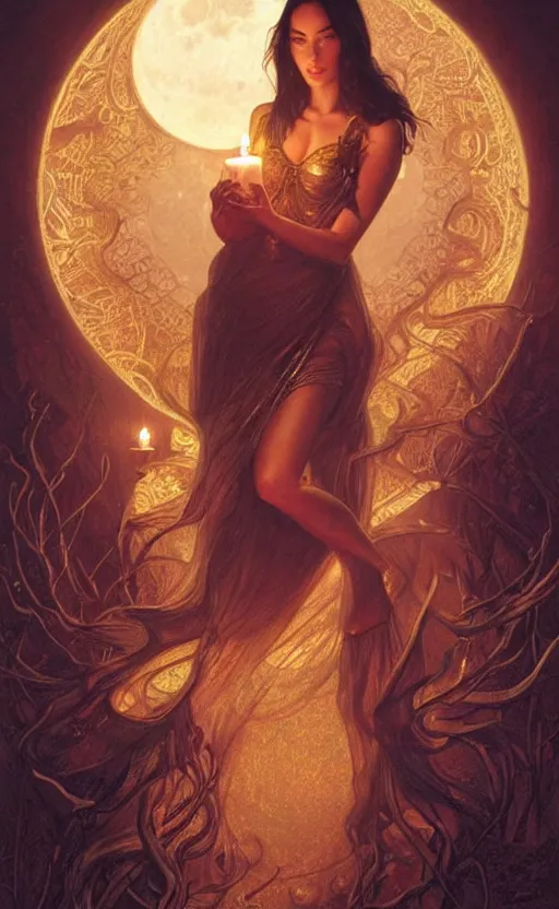 Image similar to masterpiece of megan fox with beautiful hands close to a candle in dark room, cinematic, powerful, moon beams dramatic light, highly, intricate gold elements, hollow souls, detailed, digital painting, artstation, concept art, sharp focus, illustration, art by artgerm and greg rutkowski and alphonse mucha