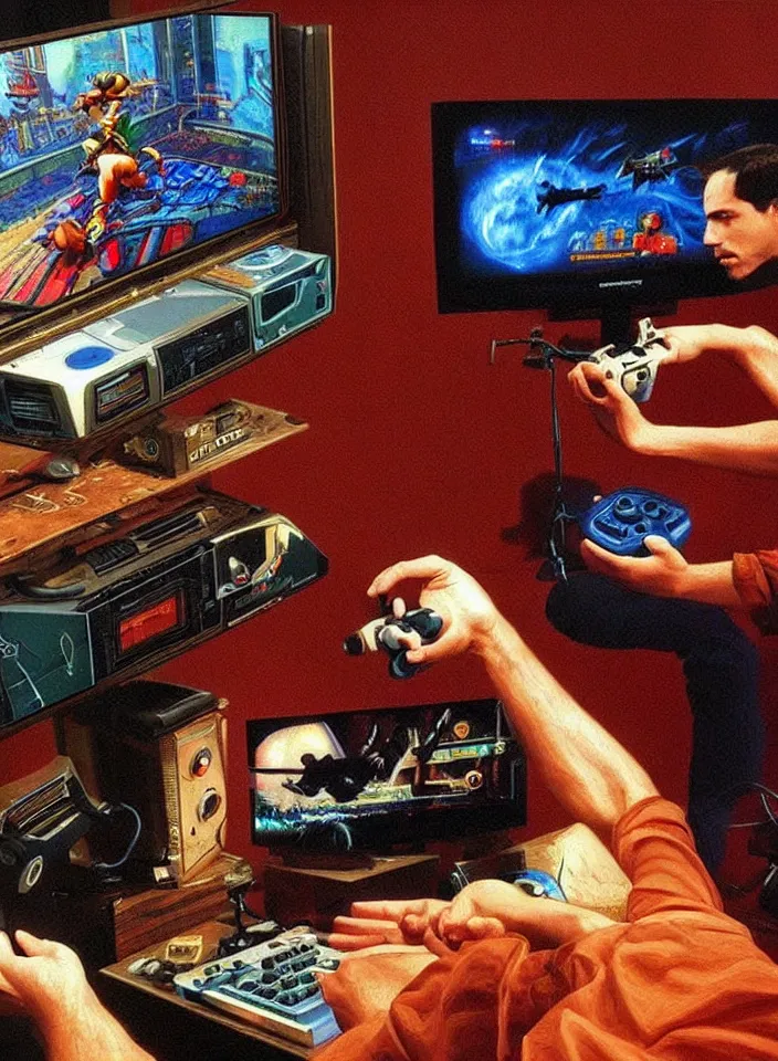 Image similar to Men playing video games on CRT television using Atari joysticks. Painting by Carvaggio. Intricate details. hyper realism. Masterpiece.