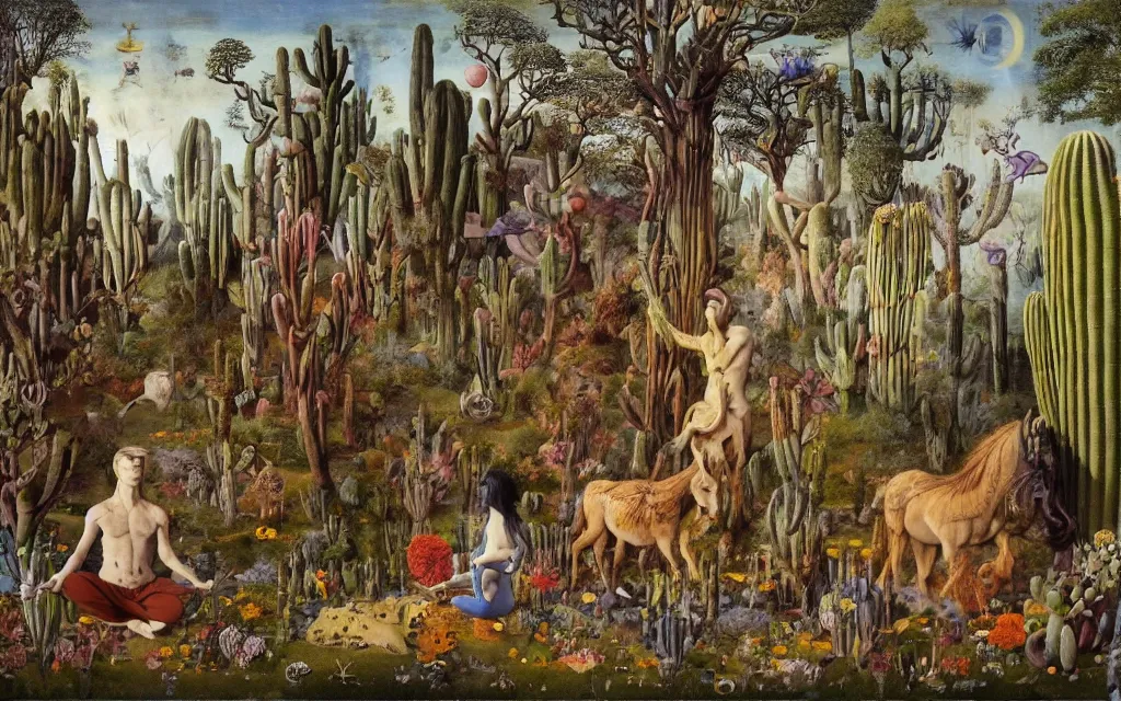 Prompt: photograph of a meditating centaur shaman and a striped werewolf feeding animals. surrounded by bulbous flowers, cacti, animals and a few trees. river delta with cliffs under a blue sky of burning stars. painted by jan van eyck, max ernst, ernst haeckel, ernst fuchs and artgerm. trending on artstation, trending on cgsociety