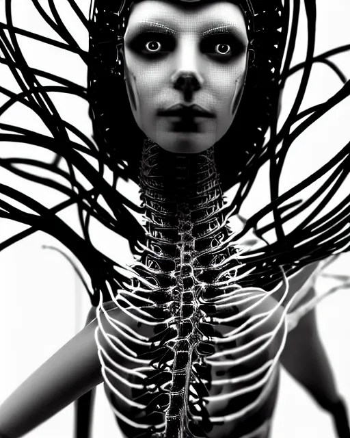 Prompt: black and white cyborg - plant goddess high quality photo, microchip, artificial intelligence, bio - mechanical bio - luminescence, black wired cables, neurons, nerve cells, cinematic, rim light, photo - realistic, high detail, 8 k, masterpiece, high fashion, in the style of steven meisel dora maar h. g. giger