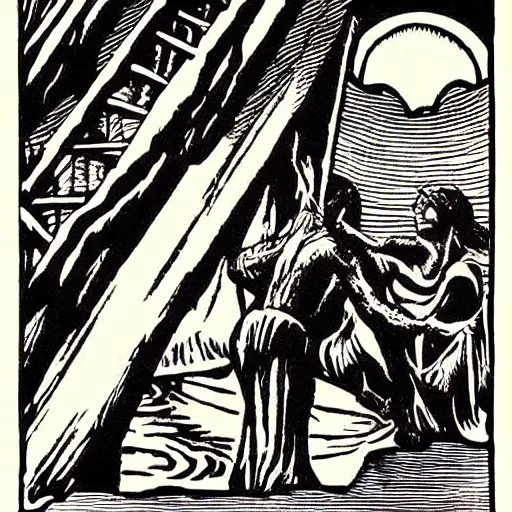 Image similar to Woodcut cover for “Gods' Man,” a 1929 black-and-white wordless novel that tells a Faustian tale of ambition, love, greed and death. It's by the illustrator and woodcut artist Lynd Ward