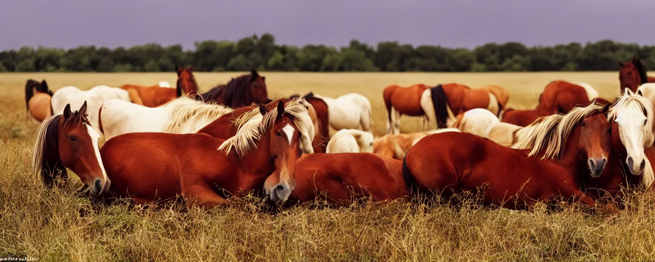 Prompt: wild horses sleeping on top of spaghetti, in a field, in the style of national geographic, canon 5 0 mm, film, kodachrome, retro, muted