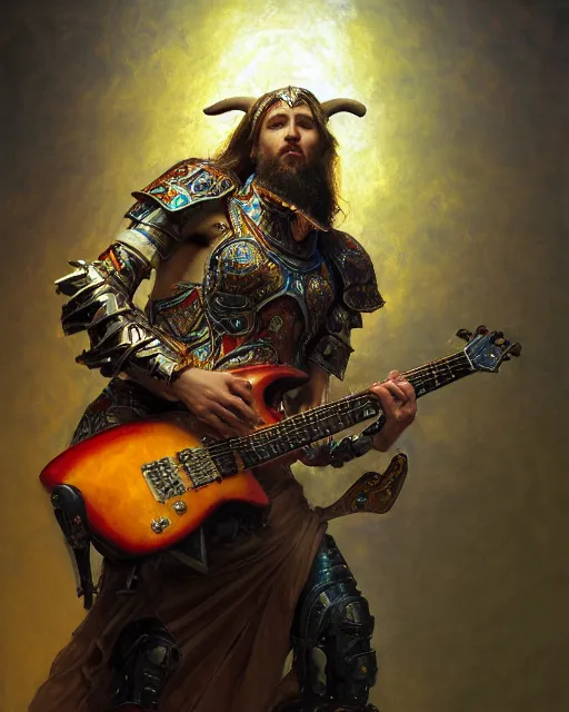 Prompt: a portrait of an anthropamorphic goat holy paladin of the light shredding an electric guitar by daniel gerhartz, by jon foster, detailed render, epic composition, cybernetics, 4 k realistic, cryengine, realistic shaded lighting, sharp focus, masterpiece, by enki bilal