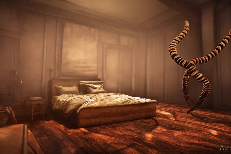 Prompt: a huge scolopendra inside a bedroom, wide angle, photorealistic, cinematic lighting, high detail, cinematic feel, high octane, 4K, Unreal Engine