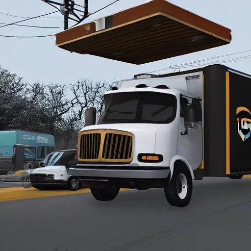 Image similar to a ups truck got stuck on a roof, digital art, unreal engine 5, 4 k