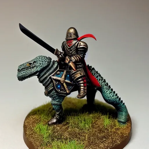 Image similar to Warhammer mini of medieval english knight with sword riding a dinosaur