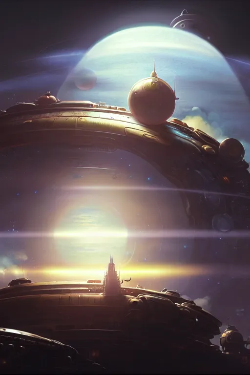 Image similar to steampunk spaceship infront of a planet, exquisite details, denoised, mid view, by karl kopinski, artsation, greg rutkowski, makoto shinkai, takashi takeuchi, studio ghibli