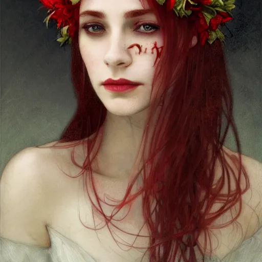 Prompt: portrait of beautiful vampire, flower crown, thorn everywhere, headshot, pale skin, 4k, rule of thirds, extreme detail, detailed drawing, trending artstation, hd, fantasy, D&D, realistic lighting, by Alphonse Mucha, Greg Rutkowski, sharp focus, backlit, bright red hair, thorn tattoos