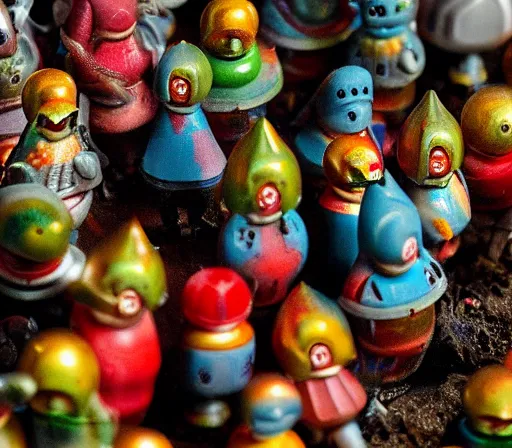 Image similar to miniature figurines of colorful heironymus bosch monsters, close up, detail, tilt shift, product photography