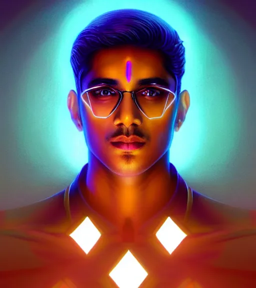 Image similar to symmetry!! indian prince of technology, solid cube of light, hard edges, product render retro - futuristic poster scifi, lasers and neon circuits, brown skin handsome indian prince, intricate, elegant, highly detailed, digital painting, artstation, concept art, smooth, sharp focus, illustration, dreamlike, art by artgerm