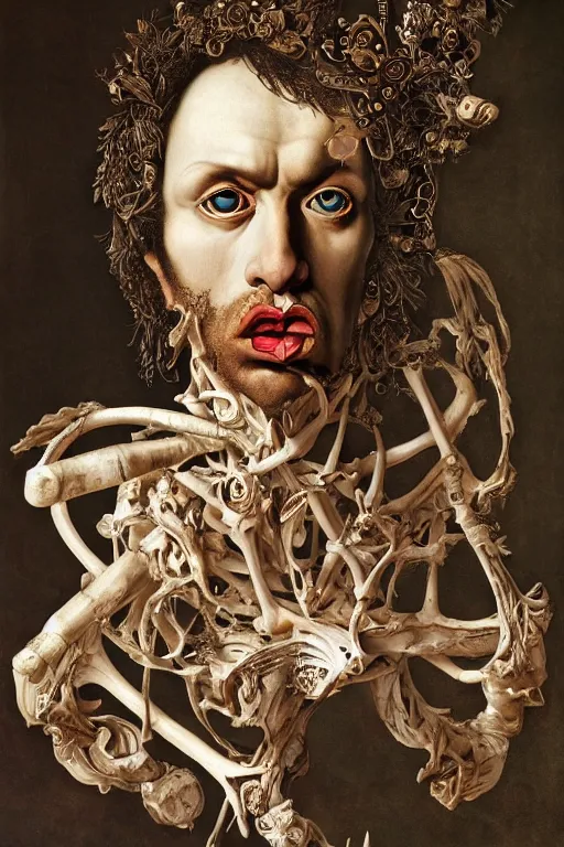 Image similar to Detailed maximalist portrait a greek god with large lips and with large white eyes, exasperated expression, botany bones, HD mixed media, 3D collage, highly detailed and intricate, surreal illustration in the style of Caravaggio, dark art, baroque