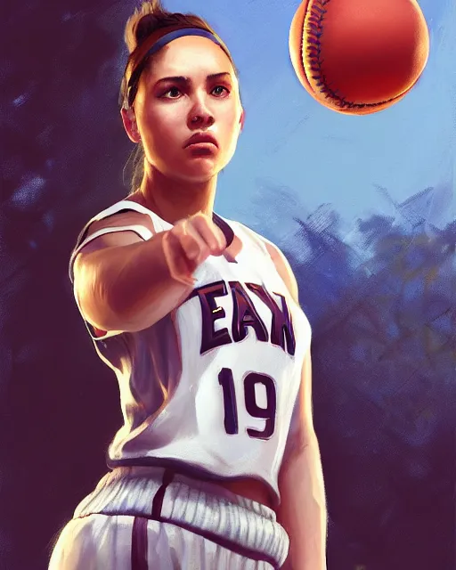 Prompt: epic portrait cinematic shot an female basketball player, white shirt, shorts, a cap, a baseball bat, stadium backround, sunny, fine details. night setting. realistic shaded lighting poster by craig mullism, artgerm, jeremy lipkin and michael garmash, unreal engine, radiant light, detailed and intricate environment, digital art, trending on art station,