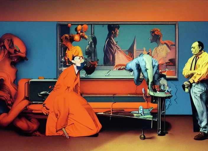 Prompt: a still from the tv series seinfeld by francis bacon, surreal, norman rockwell and james jean, greg hildebrandt, triadic color scheme, by greg rutkowski, syd mead and edward hopper and norman rockwell and beksinski, dark surrealism, orange and turquoise and purple and pink and blue