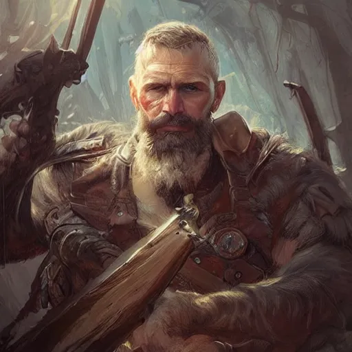 Prompt: a rugged male ranger, bleeding, D&D, fantasy, intricate, elegant, highly detailed, digital painting, artstation, concept art, smooth, sharp focus, illustration, art by artgerm and greg rutkowski and alphonse mucha