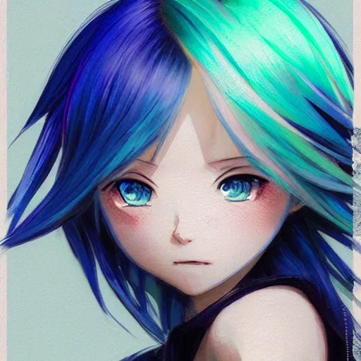 Prompt: portrait of anime pixie character with blue to green gradient hair, manga cover, highly detailed, digital painting, artstation, concept art, sharp focus, illustration, strong brush stroke, anime, art by greg rutkowski, ilya kuvshinov, sharp focus, ghibli studio, art by ilya kuvshinov, rossdrawsby krenz cushart