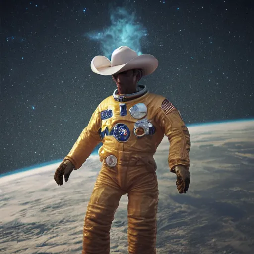 Image similar to apollo 8 cowboy earthrise cowboy in cowboy space, octane render, blender render, unreal engine, 3 5 mm, cowboy, with earth in rising in the sky in the background, trending on artstation, art by bartosz jaworski