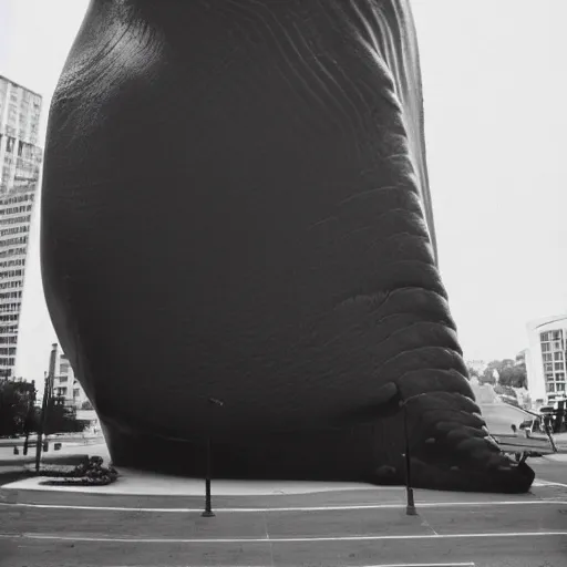 Prompt: a gigantic whale in the middle of the city, black and white photo, fim grain