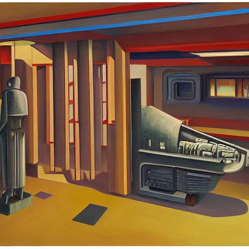 Image similar to cutaway section brutalist giant robot, people living inside, dystopian, pj crook, edward hopper, oil on canvas