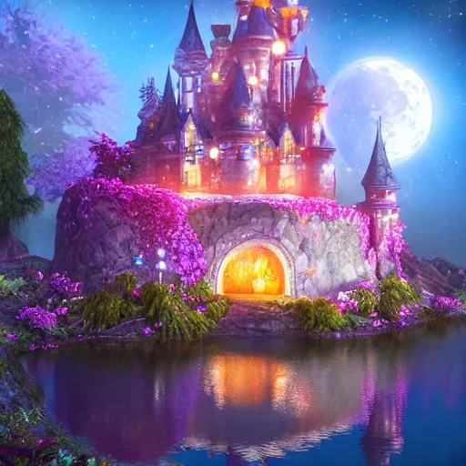 Image similar to a single glittering fairy castle at night, a full moon, water and colourful flowers, extremely detailed oil painting, unreal 5 render, fantasy digital art, octane render, beautiful composition, trending on artstation, award-winning photograph, masterpiece