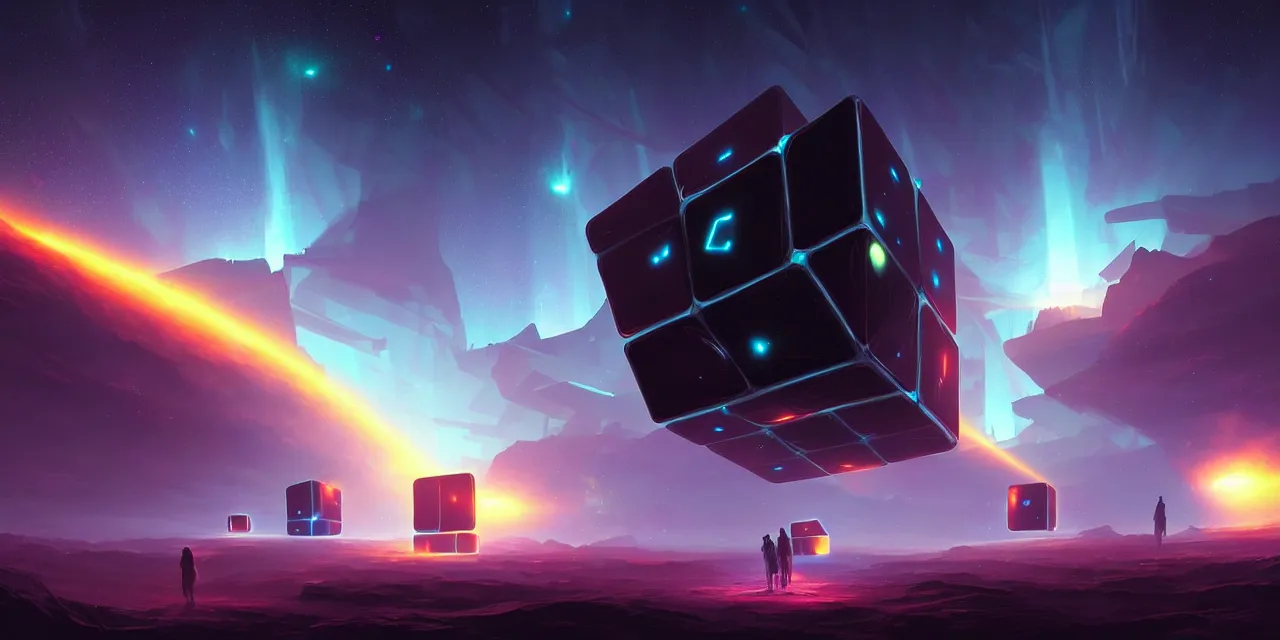 Image similar to a fleet of giant glowing futuristic cubes tied to each other with glowing light tubes in the sky, a fantasy magical landscape seen in the distance, atmospheric lighting, intricate, volumetric lighting, beautiful, sharp focus, ultra detailed, in the art style of marc simonetti, bowater charlie and brom gerald, astrophotography