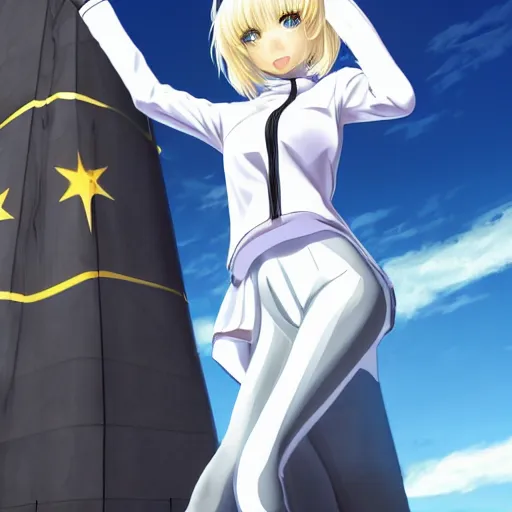 Image similar to aristocratic platinum - blonde - haired hime - cut blue - eyed princess wearing white leggings and black jacket, standing next to communist monument, anime, hd anime wallpaper, hyperrealistic lighting, drawn by artgerm