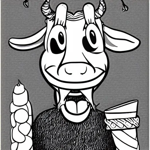 Image similar to billy the Disney goat with a whole churro in his mouth, line art