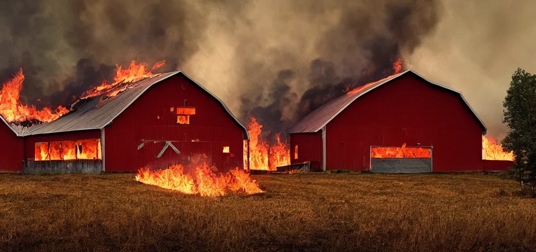 Prompt: full portrait of a modern red farm::forest behind the barn is on fire:: inferno, smoke, flames, dark, gloomy, horror, screaming:: insanely detailed, photorealistic:: cinematic, dramatic lighting,