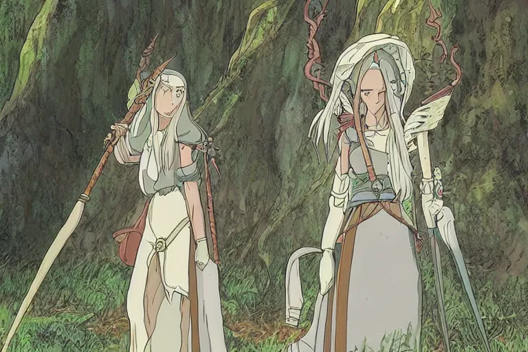 Image similar to tonemapped elven priestess by studio ghibli, highly detailed,