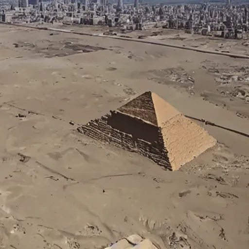 Prompt: egyptian pyramids in manhattan drone footage shot on arri alexa flat light high detail