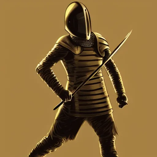 Image similar to man with sword, digital illustration, richard kane - ferguson, helmet, shield, sepia tone, golden hour, windy, gouache, wavy