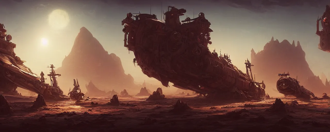 Image similar to an intricate concept art of ship of space pirates landing in a desert ruined world, concept art, matte painting, style by dylan cole and tyler edlin art, hyper realistic, sci - fi, environment design, wide angle, unreal engine, epic lighting,