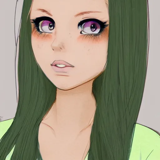 Prompt: brunette with dyed blonde hair, 18 years old, 155 cm tall, flat ironed hair, green big eyes, small nose, small mouth, round shaped face, big forehead, lop eared, full body shot, photorealistic, thin eyebrows, faded look