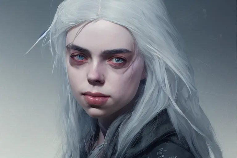 Prompt: A portrait of Billie Eilish as Ciri from the Witcher Game by Ruan Jia and Mandy Jurgens and Artgerm and william-adolphe bouguerea, highly detailed, trending on artstation, award winning, H 768