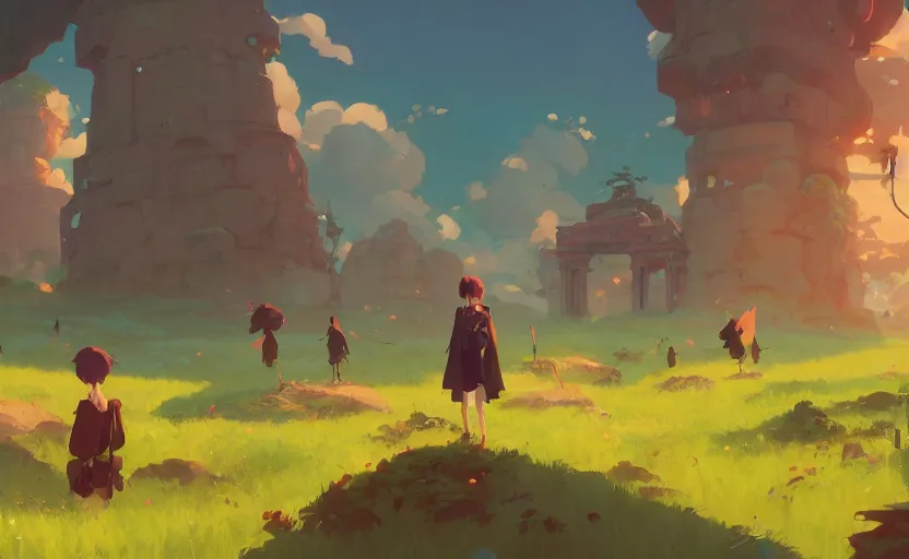 Prompt: fantasy field with the remains of ancient temples, cory loftis, james gilleard, atey ghailan, makoto shinkai, goro fujita, studio ghibli, rim light, exquisite lighting, clear focus, very coherent, plain background, soft painting